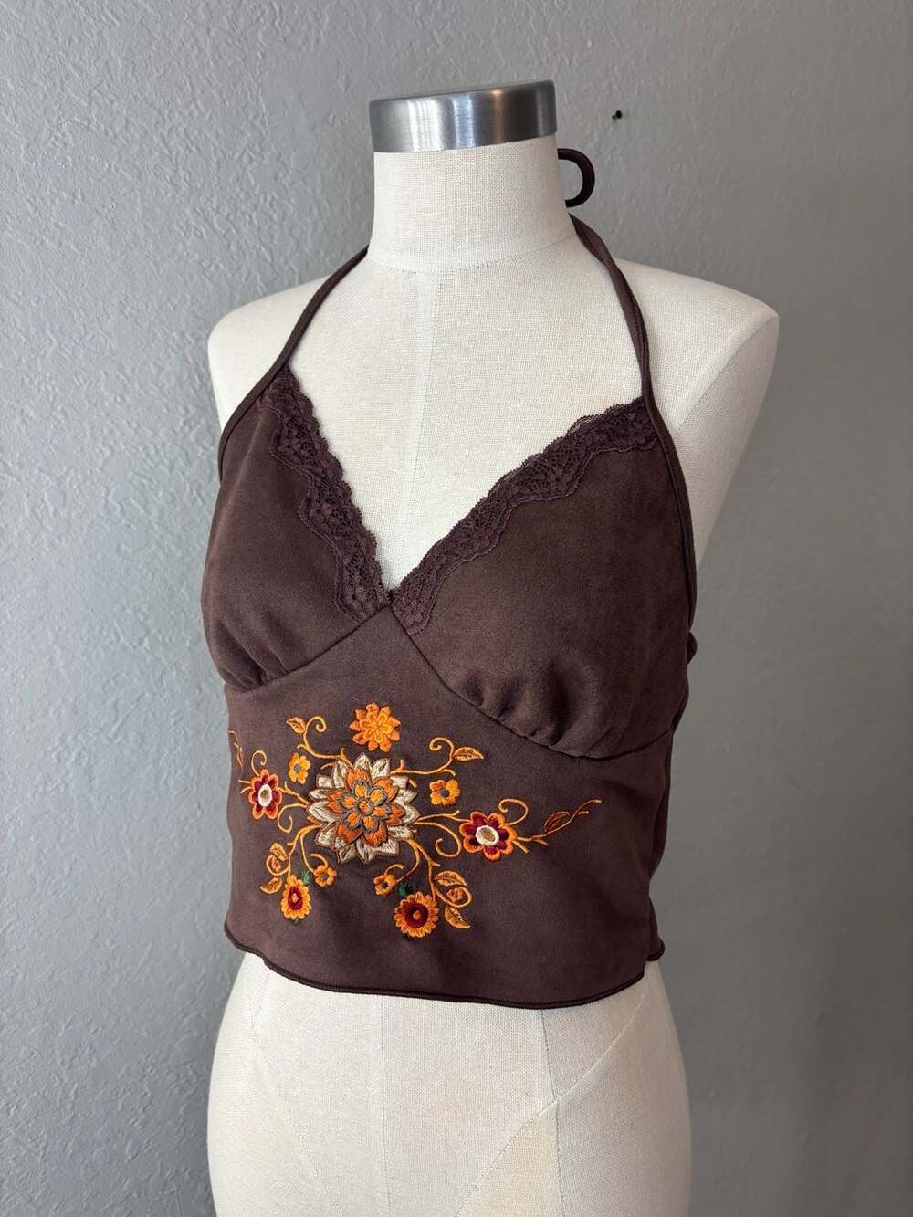 ROMWE Brown Floral Embroidered Lace Trim Halter Crop Top Size XL